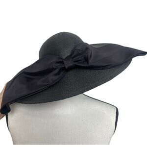 Vintage Lilly Mendel Black Straw Wide Brim Ladies Sun Hat Navy Blue Satin Bow